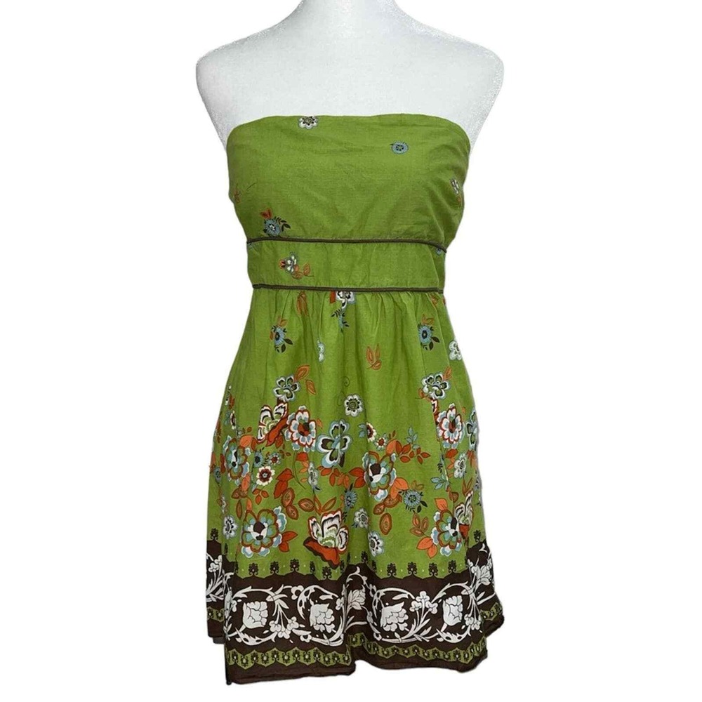 Agaci Too Strapless Mini Dress Womens Medium Green Floral Smocked Boho Cotton